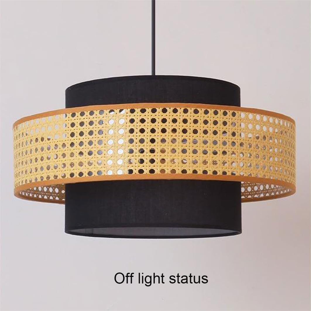 Lampadario A Sospensione Unico In Tessuto Nero, Stile Wabi-sabi | Raccordo in rattan a forma di cilindro Eleganti lampadari a sospensione per interni per sala da pranzo, ingresso