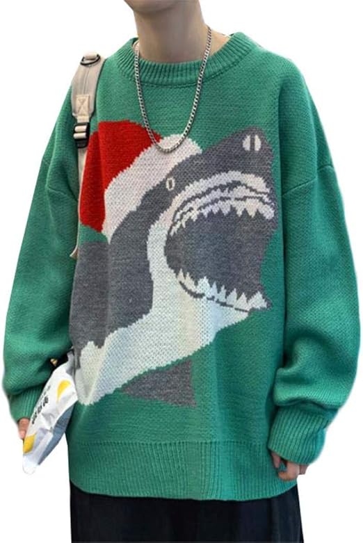 Amazon スーイ メンズ セーター サメプリント プルオーバー ゆったり シンプル 長袖 カッコイイ ハンサム ファッション おしゃれ カジュアル トップス 春秋 学院風 通学 旅行 セーター 通販