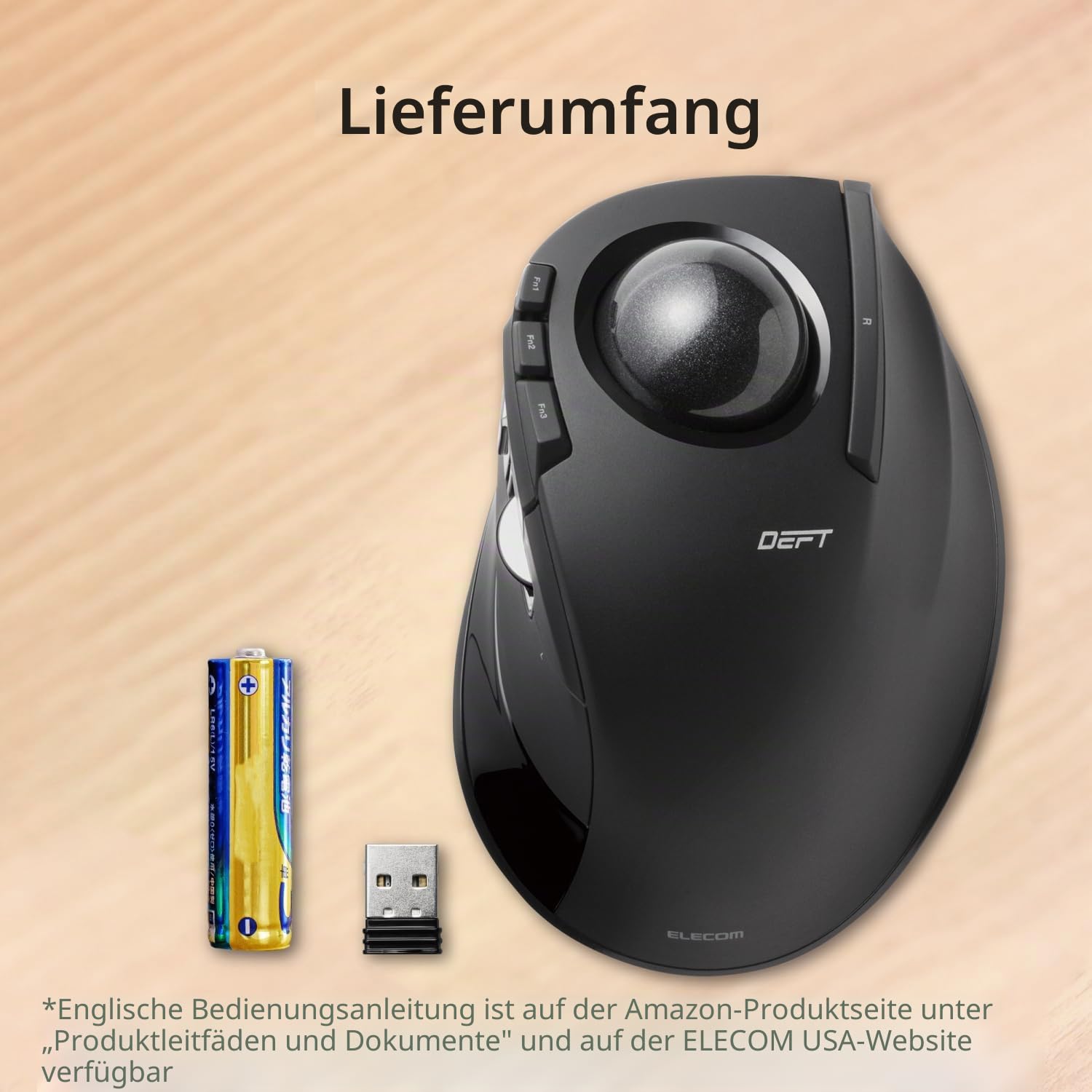 ELECOM DEFT Trackball Maus, 2.4GHz Drahtlos, Fingergesteuert, 8-Tasten-Funktion, Ergonomisches Design mit 34mm Glatter Kugel, Für PC/Laptop, Kompatibel mit Windows 11/MacOS, Modell M-DT2DRBK