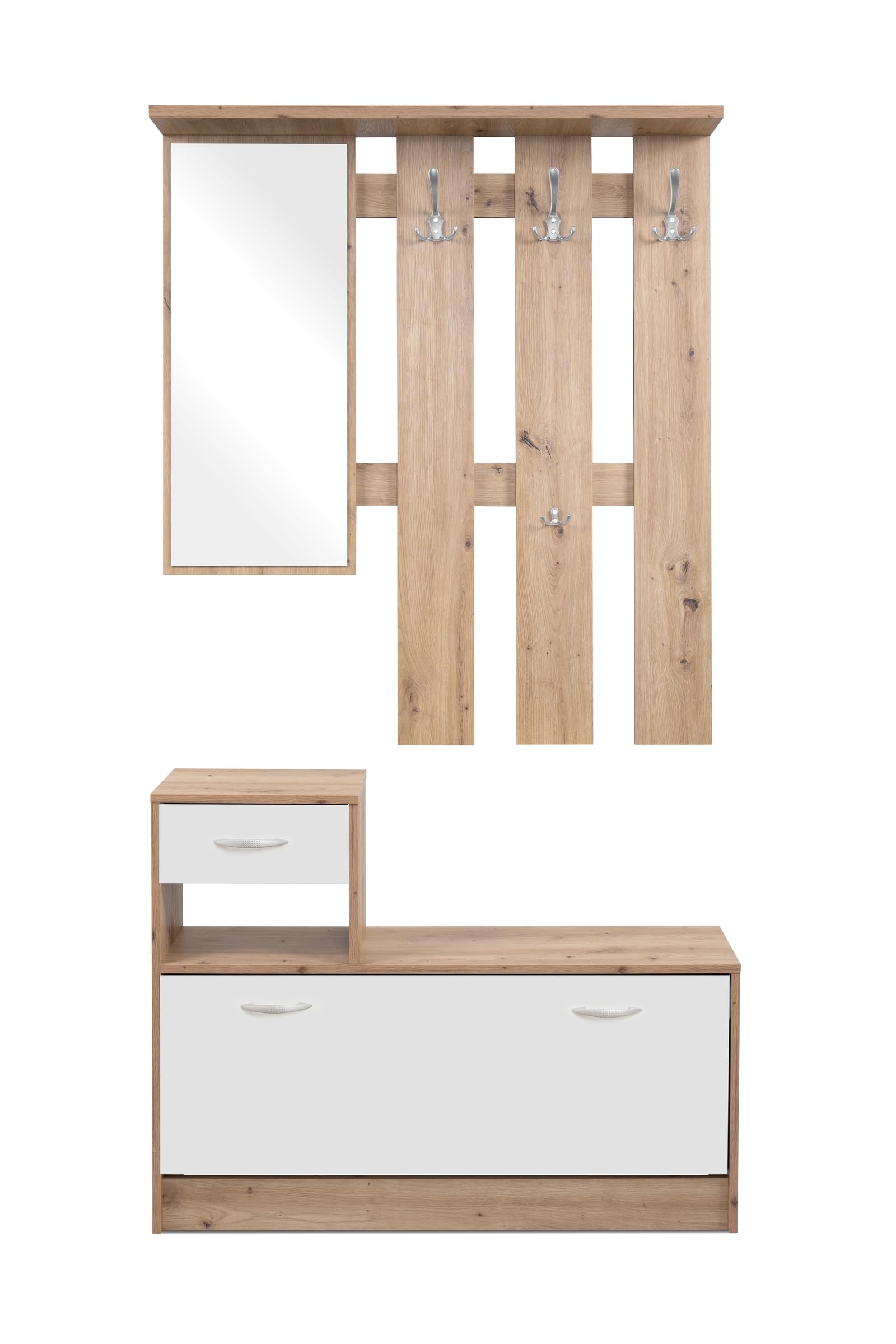 möbelando Kompaktgarderobe Rudolf Garderobe mit Spiegel Stauraum 100x180x25 cm Artisan Eiche Weiß