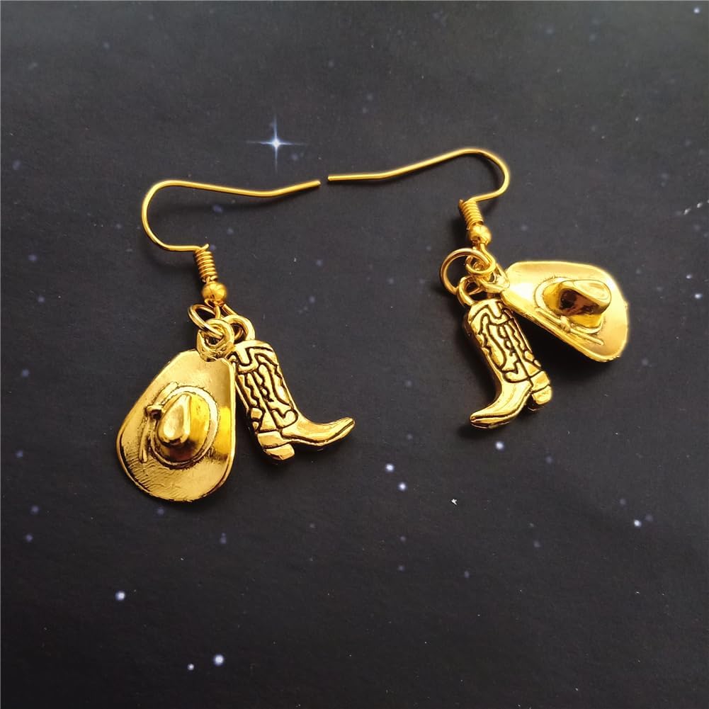 Western Style Vintage Country Cowboy Hat Earrings, Boot and Hat Charm, Farm Lover, Gold Color Cowboy Dangle Earrings Original Jewelry - Image 3