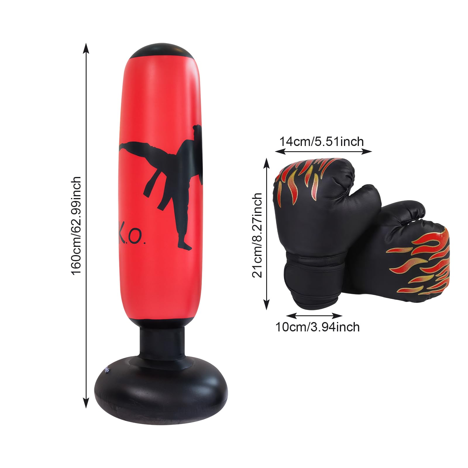 Saco de Boxeo Hinchable de 160 cm, Punchball Inflable con Guantes de Boxeo, Niños de Bolsa de Boxeo Inflable Suavidad y Comodidad, Bolsa de Standbox Inflable, Saco de Boxeo de Pie para Practicar