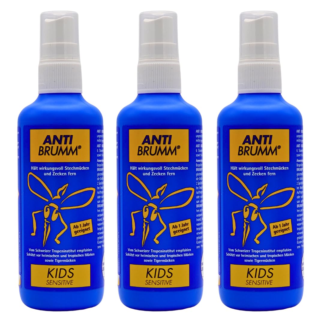 Anti Brumm Kids Sensitive 3x 150 ml I Schutz gegen Mücken und Zecken I Mückenspray I zu Hause, Reisen, Tropen I Icaridin I Kinder ab 1 Jahr I empfindliche Haut I Spar-Set plus Pharma Perle give-away