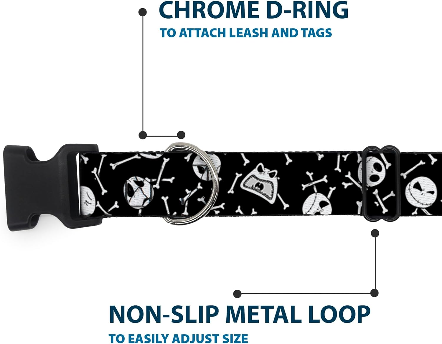 Buckle-Down Plastic Clip Collar - Jack Expressions/Bones Scattered Black/White - 1.5" Wide - Fits 18-32" Neck - Large