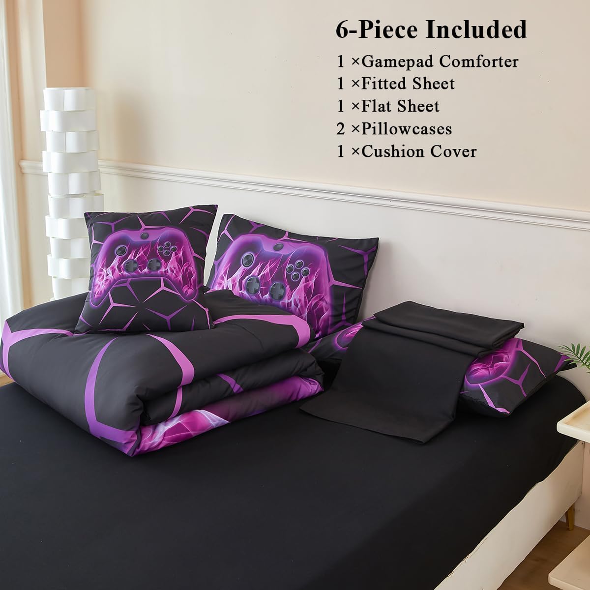 Kids Bedding Set Queen Size Gamer Comforter for Boys Girls Teens Black Purple Gamepad Bed Set Lightweight Microfiber 6 Pieces Bed in A Bag for All Seasons(Purple, Queen) - Image 4