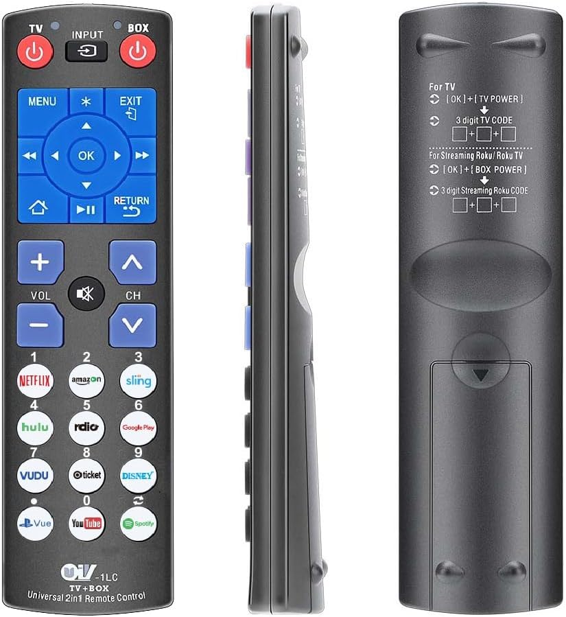 Image showing the front and back of the Gmatrix URC-1LC remote control. The back panel displays instructions for programming TV and Roku box codes.