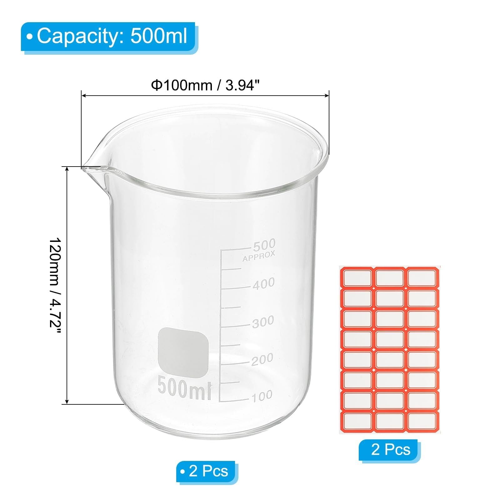 Vaso de precipitados de laboratorio, Vaso de precipitados graduado por calor borosilicato 600 ml, paquete 2 con boquilla for laboratorio y cocina(500ml)
