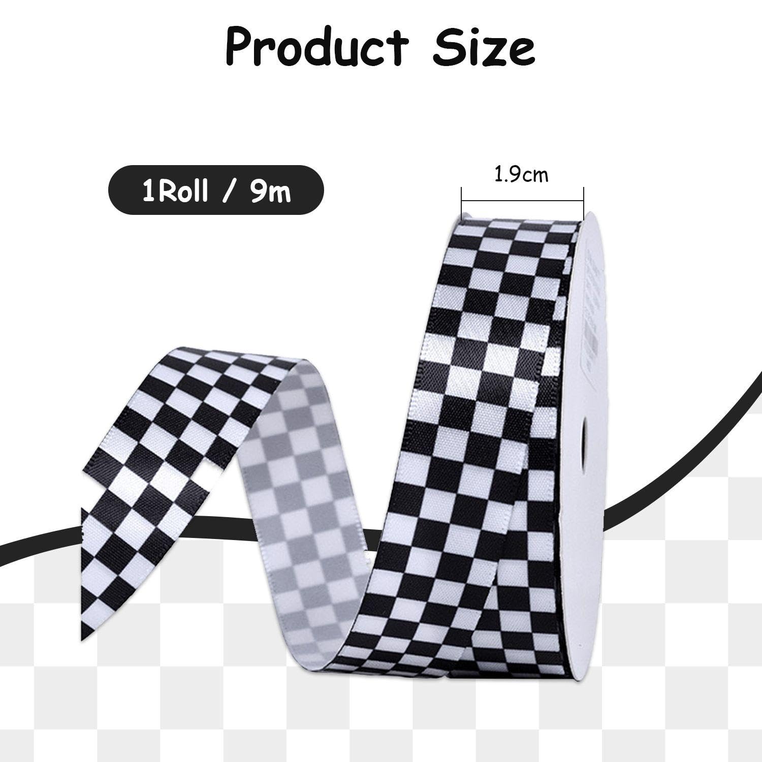 1 Roll (9M) Black & White Checkered Gift Box Ribbon - Decorative & Racing Weaving Material, Black and White, 9M*1.9Cm - Image 2