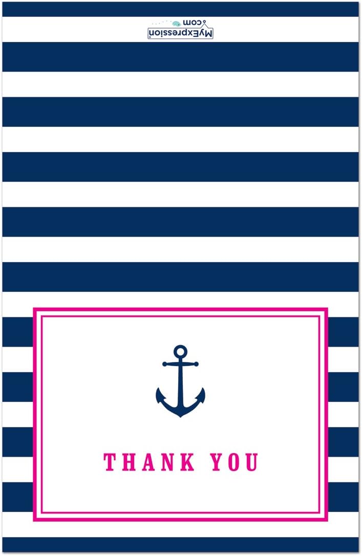 50 Cnt Navy Stripes Pink Border Anchor Nautical Baby Shower Thank You Cards