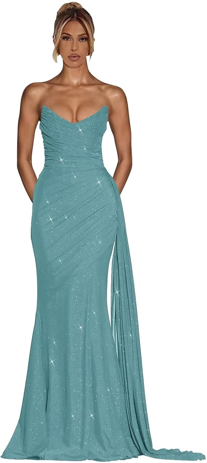 Mermaid Sequin Prom Dresses for Women 2026 Sparkly Strapless Pleated Corset Bodycon Long Formal Evening Gown