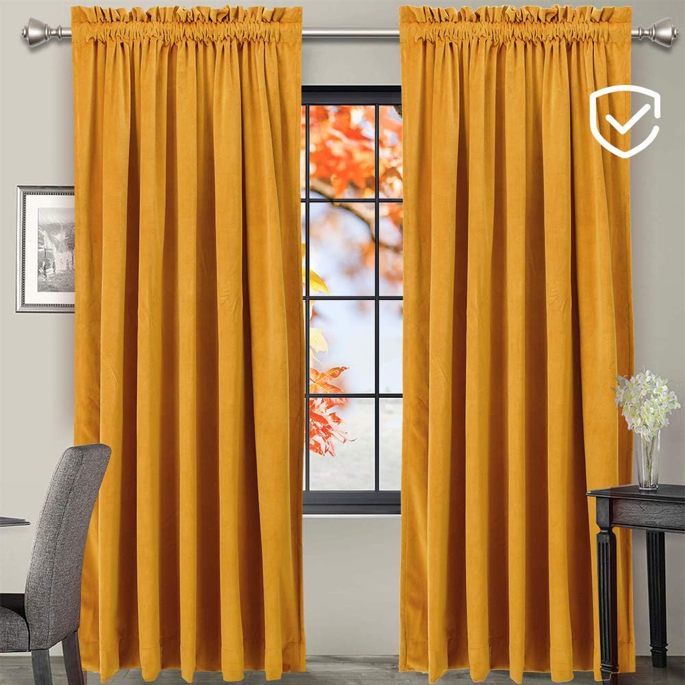 Eamior Living Room Blackout Velvet Curtains - Super Soft Dutch Velvet Rod Pocket Drapes Sound Reducing Heavy Solid Panels (Set of 2, 96" Length, Warm Gold)