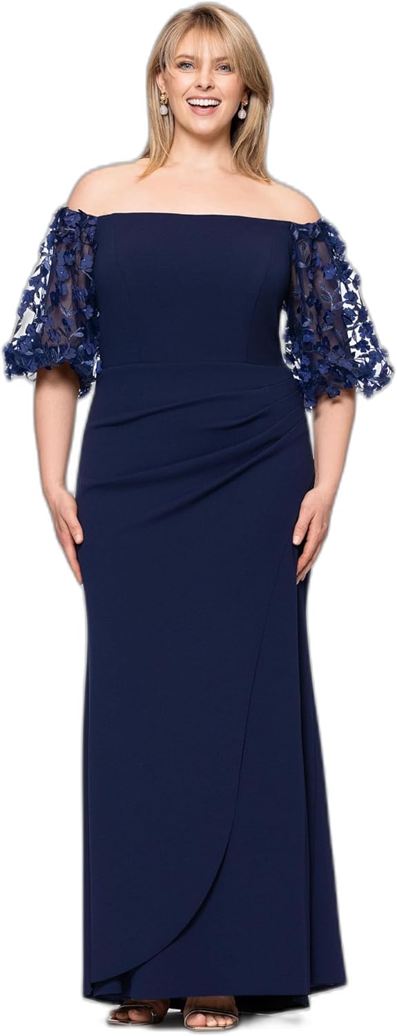 Xscape Women's Plus Size Long Illusion Sleeve Off The Shoulder Dress