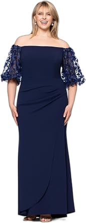 Xscape Womens Floor Length Column Evening Gown with Off-the-Shoulder Neckline, Embellished Floral Puff Sleeves, Petite & Plus Sizes