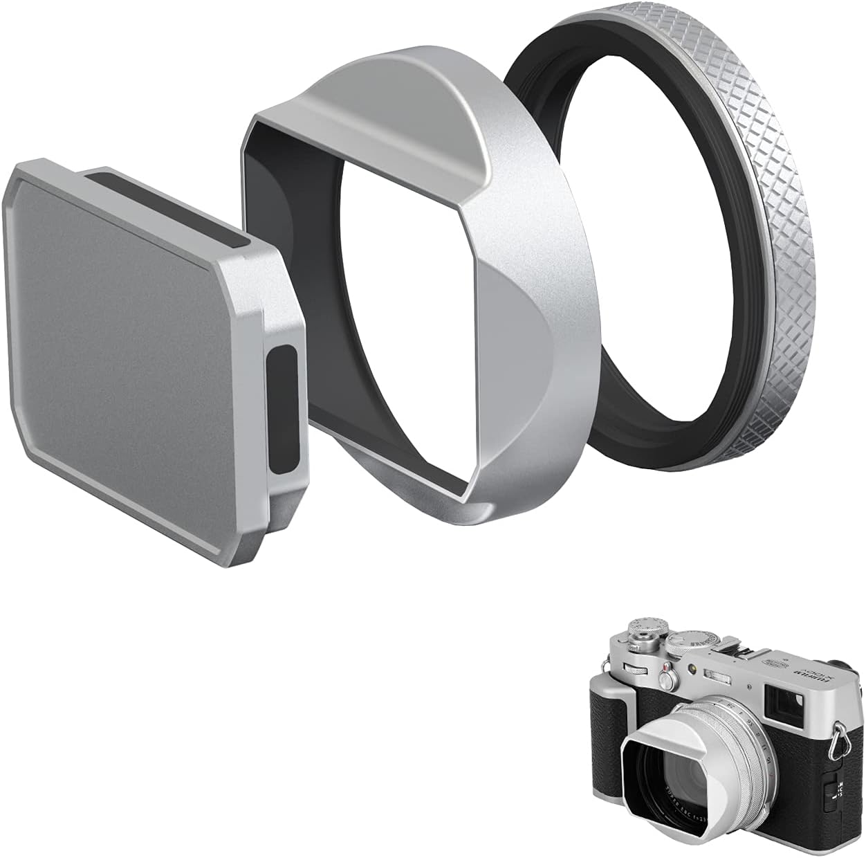 YC Onion Square lens hood aluminum alloy suitable for Fujifilm Fuji camera X100V/X100T/X100F with 49mm Filter Adapter Ring to protect the camera lens-Silver(LENS HOOD/ADAPTER RING/LENS CAP)combination