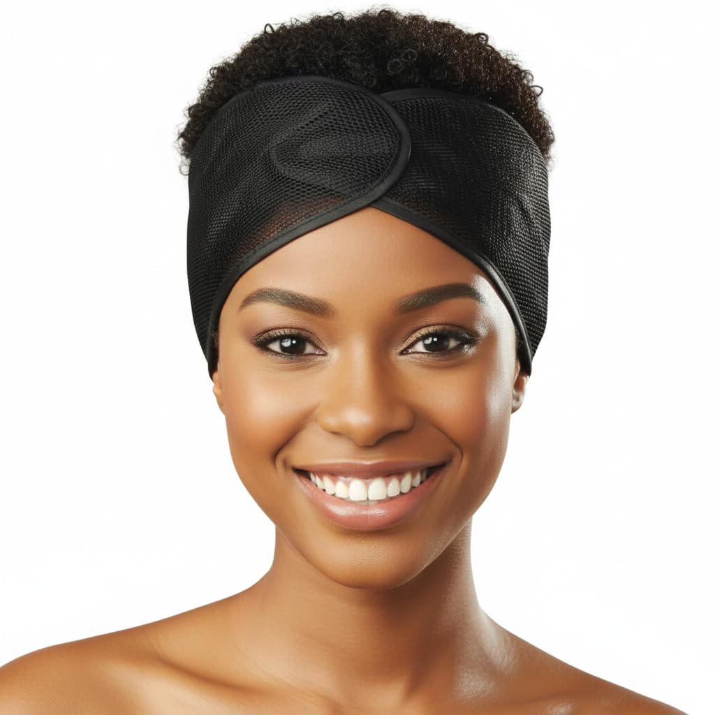 DONNA Argan Mesh Wrap Black Color 1PC - Face Wash Headbands for Women and Make up, Shower Cap