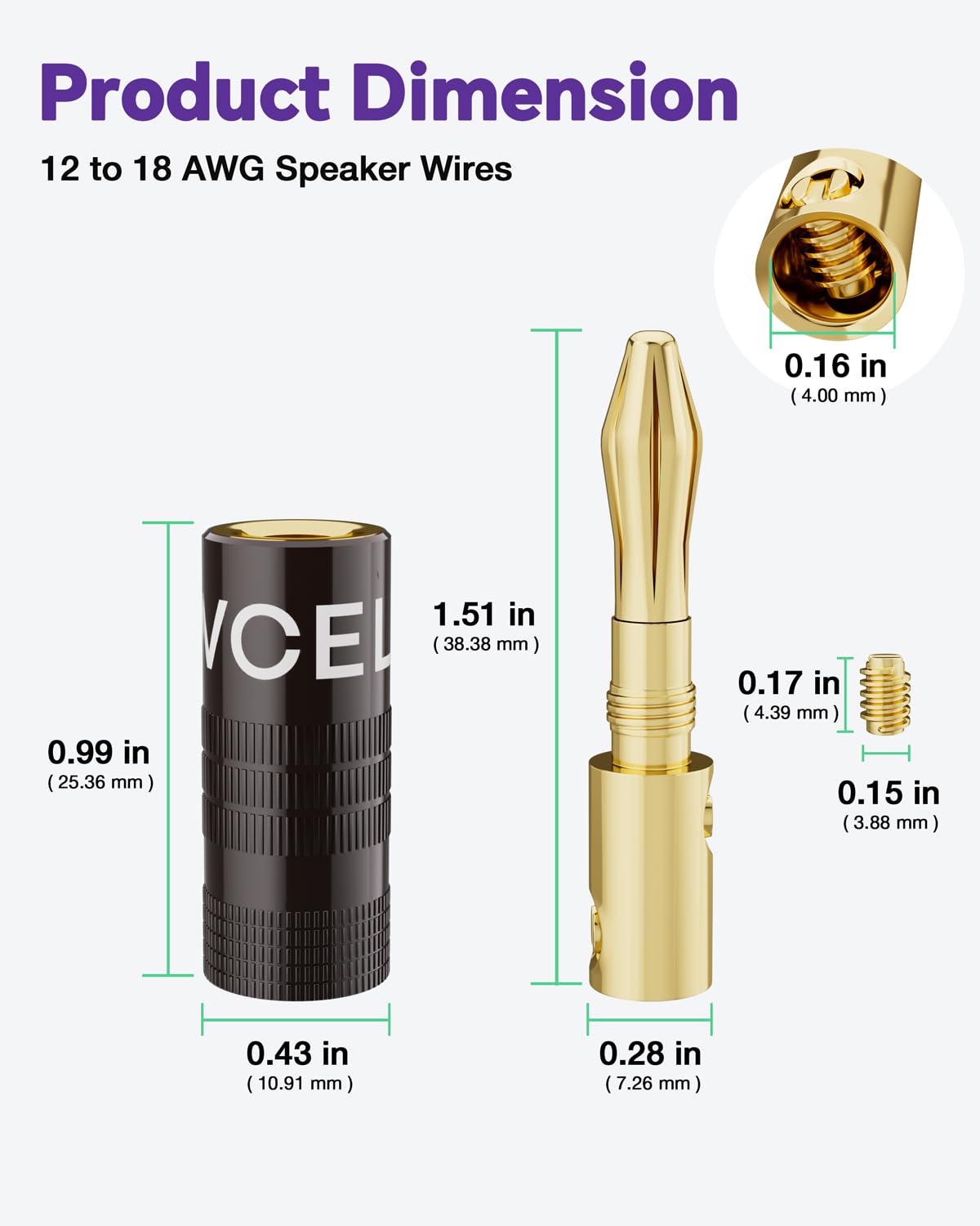 VCELINK Banana Plugs, Speaker Wire Connectors, 4mm 24K Gold Plated Dual-Screw Type for 12-18 AWG Wire, Wall Plate, Audio/Video Receiver, Sound Systems, and Home Theater(6 Pairs (12 pcs)) - Image 4