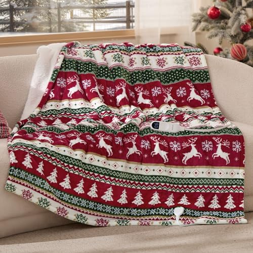 Image of Bedsure Christmas Heated Blanket Throw - Soft Flannel Sherpa Electric Blanket with Fair Isle, with 6 Heating Levels, 4 Time Settings and 3-Hour Auto-Off, Heated Throw as a Gift (50x60 inches)
