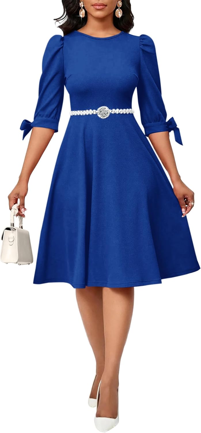 Yajedo Women's Crew Neck 3/4 Sleeve Pleated Midi Dress Elegant A-Line Cocktail Party Formal Dress with Pockets