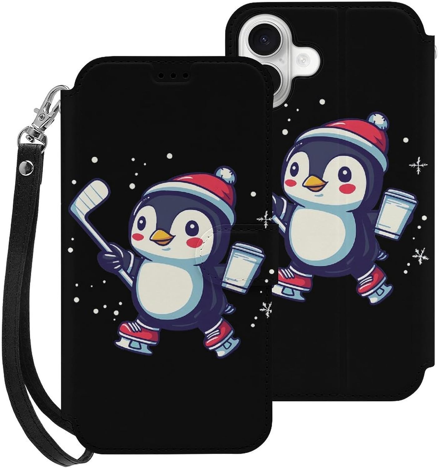 Penguins Playing Hockeys Wallet Phone Case with Removable Wristlet | compatible with iPhone 16 16 Plus 16 Pro 16 Pro Max 16 E,card holder,stand