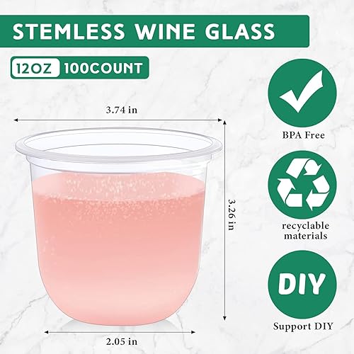Miniatura 2 de 100 copas de vino de plástico sin tallo, desechables, de plástico transparente, para fiestas, bodas, cumpleaños, cócteles (12 onzas)