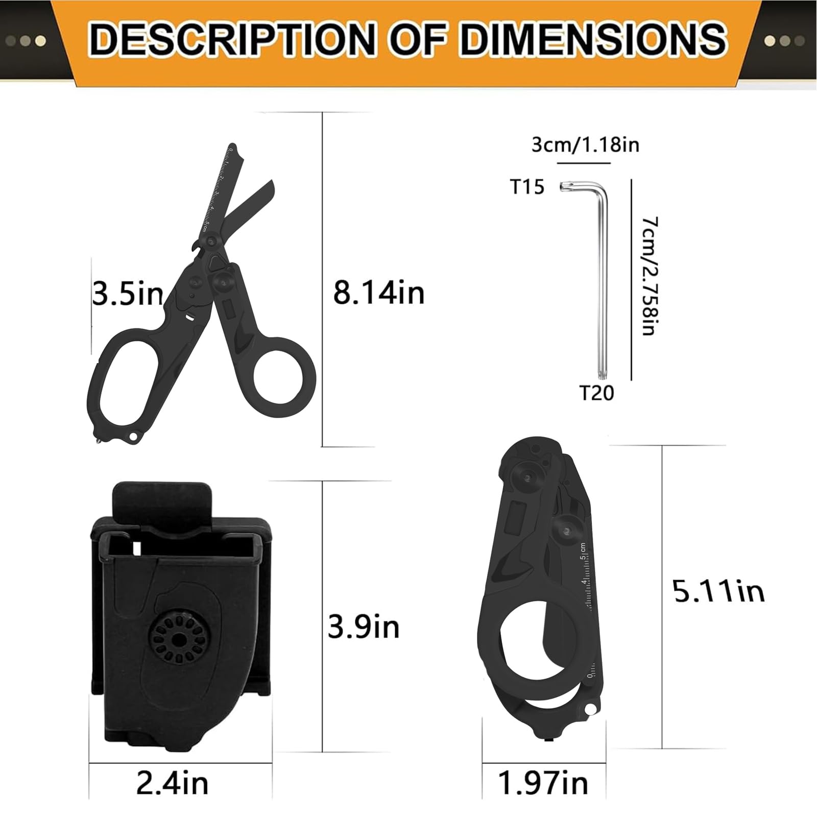 Rettungsschere Trauma Schere 6 in 1 Faltbar Trauma Schere Notfallschere Verbandsschere Mit K-Schutzhülle, Schraubenschlüssel für Professionelle Rettungsdienste, Outdoor Camping (Reines Schwarz)