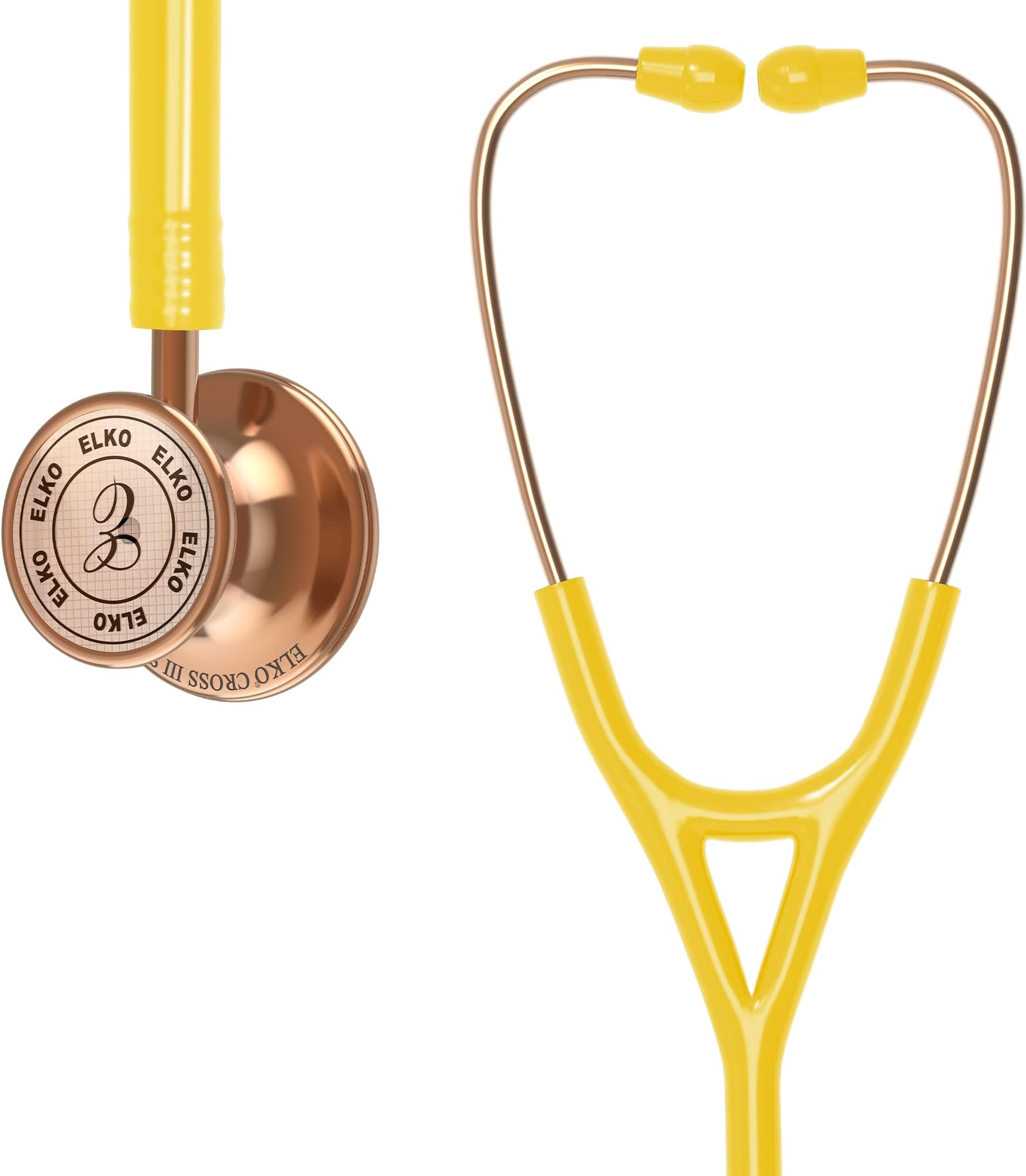 ELKO EL-190 Rose Gold edition CROSS III SS stainless steel dual head acoustic stethoscope | Adult & Pediatric Stethocope with Double-sided Rose Gold Chestpiece | Two-Way PVC Tubing | Doctors & Medical Students (Yellow)