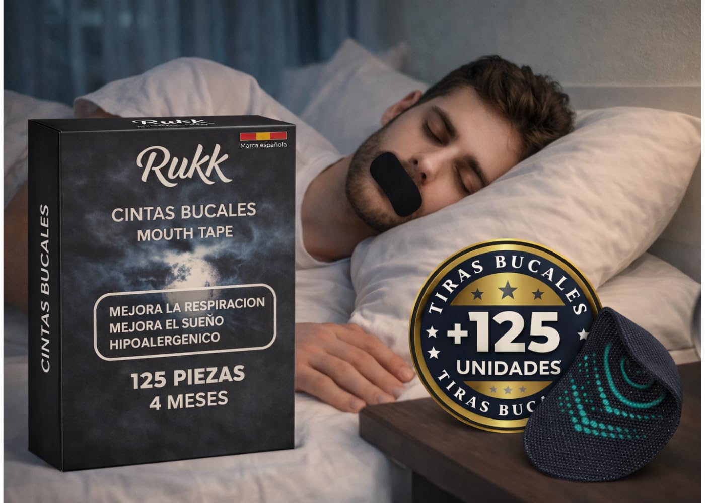 Mouth Tape 125 Unidades – Cinta Bucal Antironquidos, Tiras Bucales para Dormir, Parches Boca, Mejora la Respiración Nasal, Adhesivo Hipoalergénico