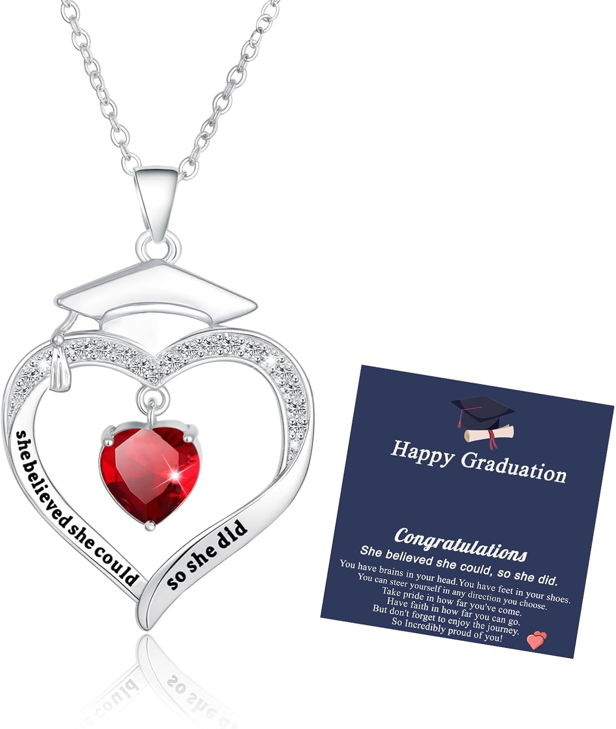 Fervia Graduation Gifts 2026 Birthstone CZ Heart Graduation Cap Pendant Necklace Class of 2026 College Graduation Friendship Gifts