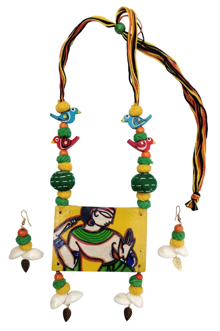 ADRIZAS Handmade Hand painted Indian Folk Art Dancing Women Pendant Wooden Necklace and Earring Jewellery Set for Women (YELLOW) (B0D8PMVWKK) Amazon Price History, Amazon Price Tracker