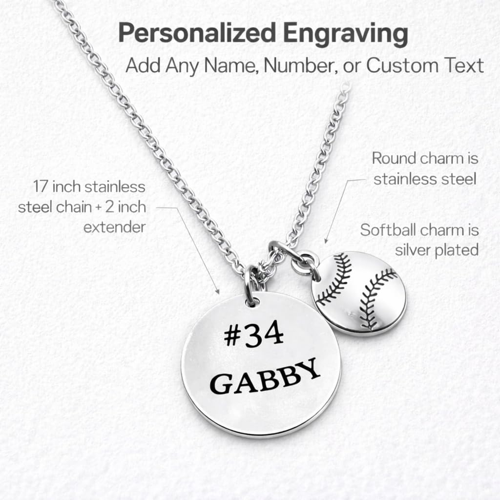 Sportybella Personalized Engraved Softball Necklace with Name & Number, Custom Softball Gift, Softball Pendent Jewelry, Softball Players & Team Gifts - Image 7