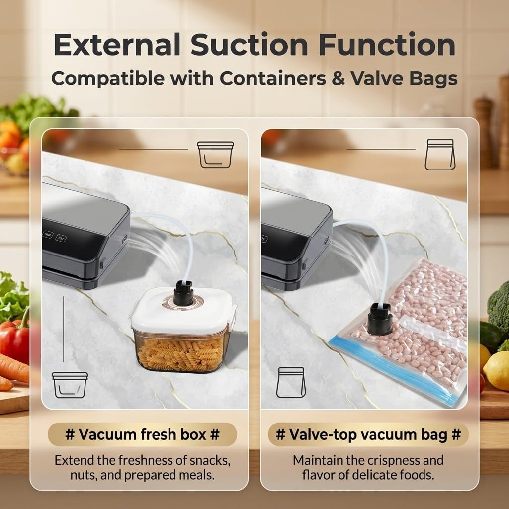90KPa Powerful Vacuum Sealer Machine with UV Sterilization, Built-in Cutter & Roll Storage, Dry & Moist Modes, 5-Level Adjustable Sealing Temperature, External Suction Hose, 1 Roll & 10 Bags Included