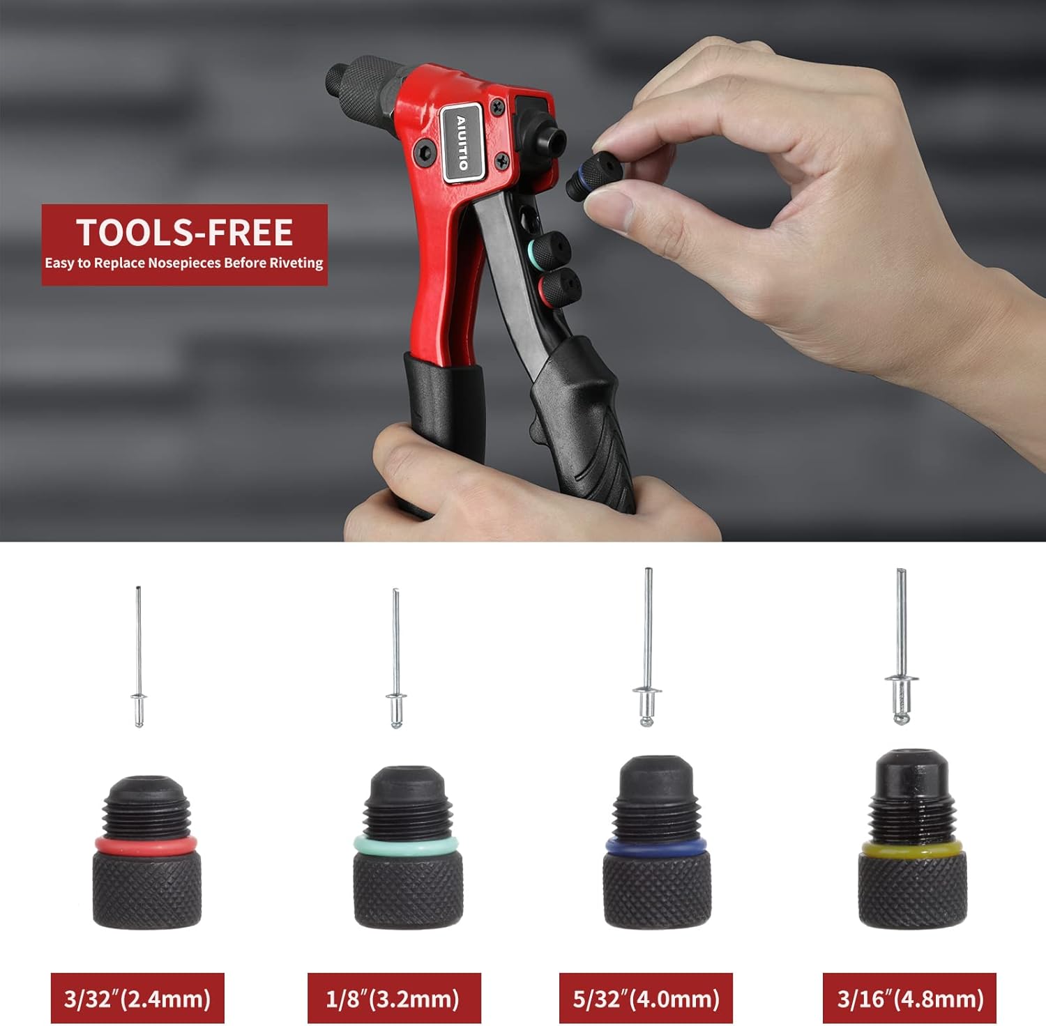 Rivet Gun, AIUITIO Pop Rivet Tool Kit with 200 Rivets and 4 Drill Bits, Manual Hand Riveter Kit with Rugged Carrying Case