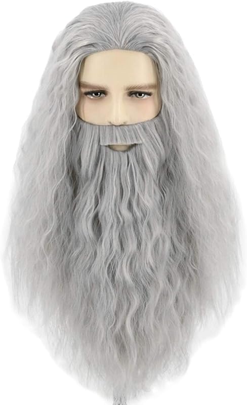 Topcosplay Varázsló Paróka és Szakáll Szett - Szürke/Fehér Hőálló Műhaj Gandalf Jelmez Farsangra, Halloweenre - Állítható Méret 54-60 cm