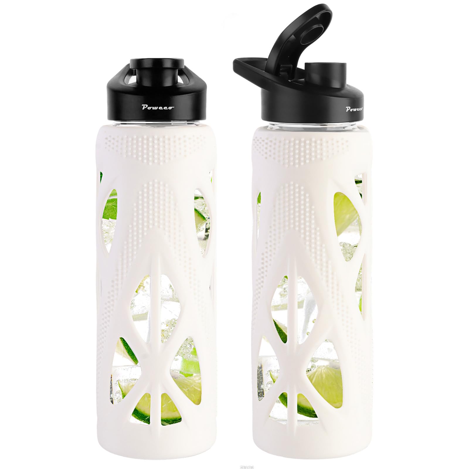 poweco 24oz Glass Water Bottle with Silicone Sleeve & Leakproof Spout Lid - 700ml Borosilicate Glass, BPA-Free, Wide Mouth with Carry Handle for Gym, Office & Outdoor Activities