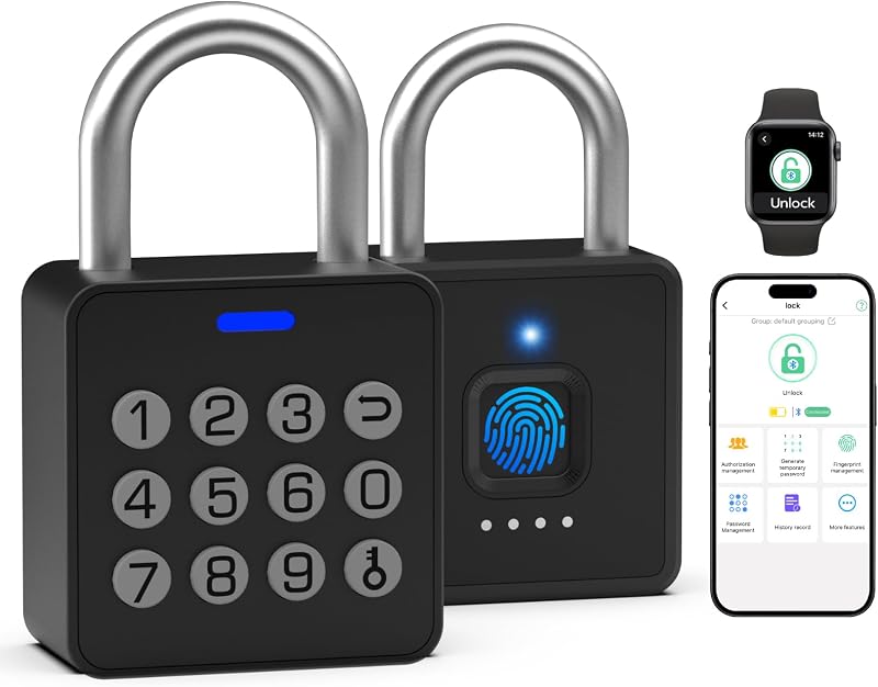 Smart Locker Lock with Code, Fingerprint Keyless Biometric Padlock, Weatherproof Biometric Combo Lock with Bluetooth APP, Smart Combination Pad Lock Storage Unit Outdoor Fence Gate Shed