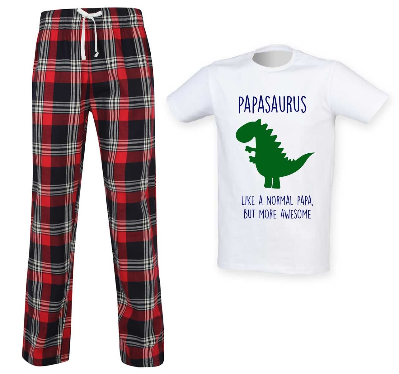 Papa Dinosaur Pyjama Set - Mens Tartan Pyjamas - Red - Size M
