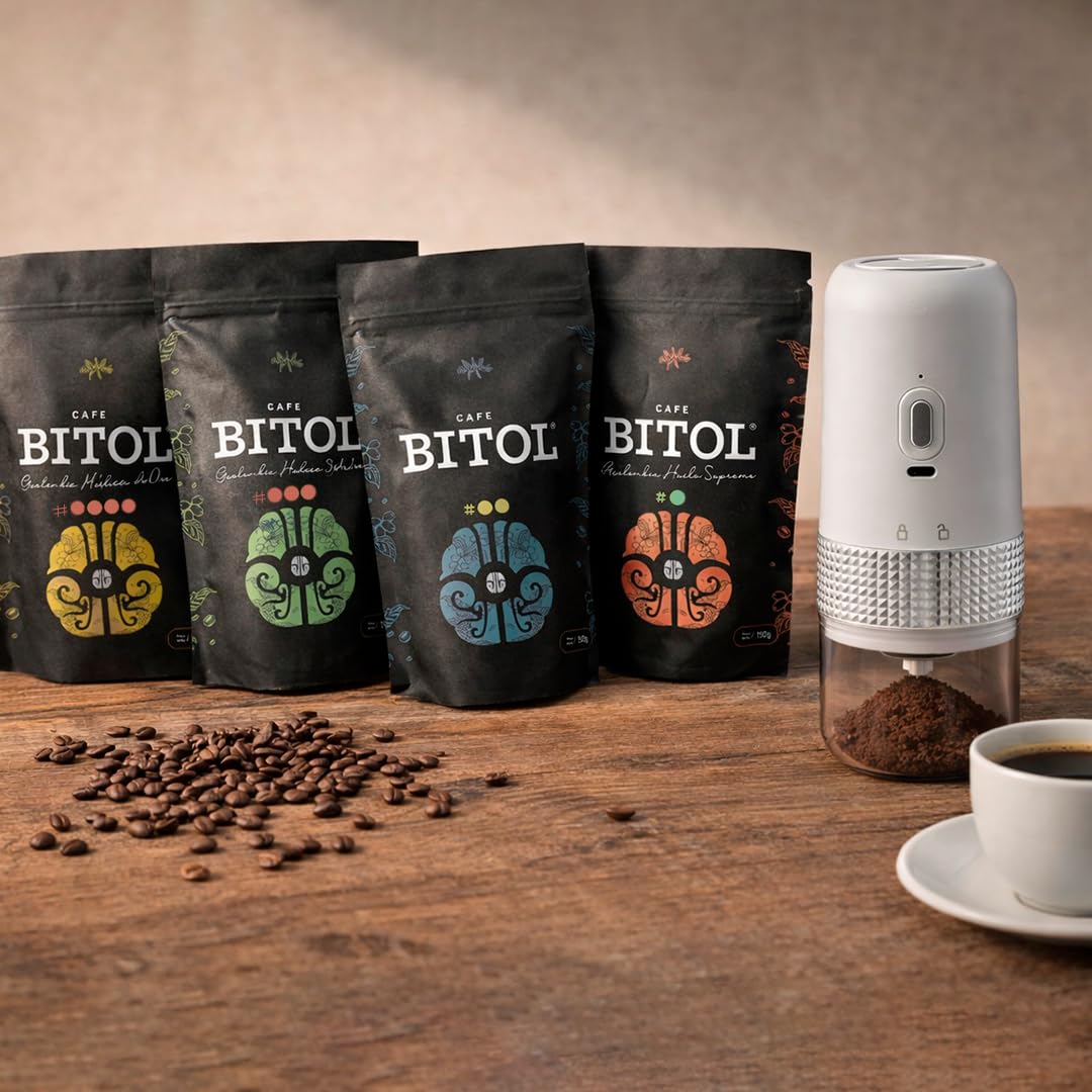 Pack Degustación BITOL | 4 Cafés de Especialidad 100% Arábica de Origen Único 4 x 125 gr + Molinillo Manual | Notas de Chocolate, Caramelo, Frutos Secos | Dulzura Natural | Equilibrado