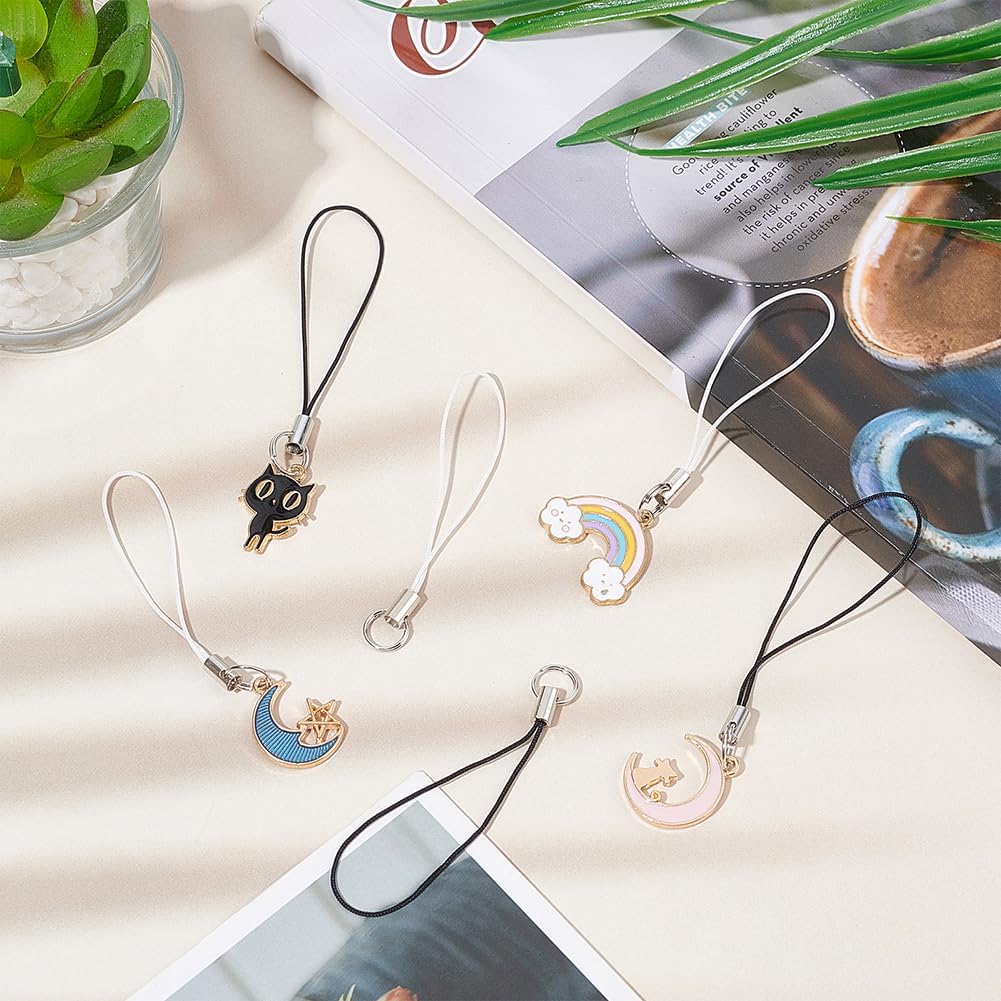 GORGECRAFT 200Pcs 2 Colors Phone Charm Strap Cellphone Split Ring Mobile Phone Cord Lariat Cell Phone Wrist Cord Lanyards Decorations for Hanging Charms USB Drive Keychain MP3 Trinkets White Black