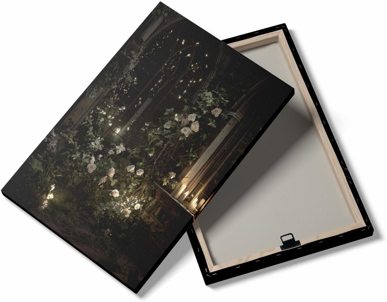 Gothic Garden Rose Wall Art – Enchanted Candlelit Botanical Scene with White Flowers,for Moody Romantic Bedroom or Living Room Decor 12x16in Frame wall art