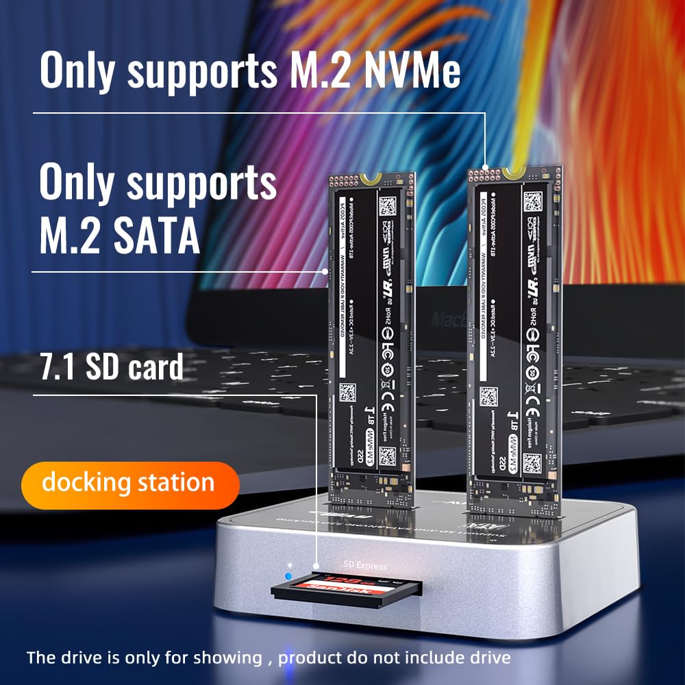 ISHEEP H016SD 2 bay M.2 SATA/NVME Docking station per SSD da Funzione Duplicatore lettore, USB 3.1 Gen2 10Gbps,Tool-free (SSD non inclusa)