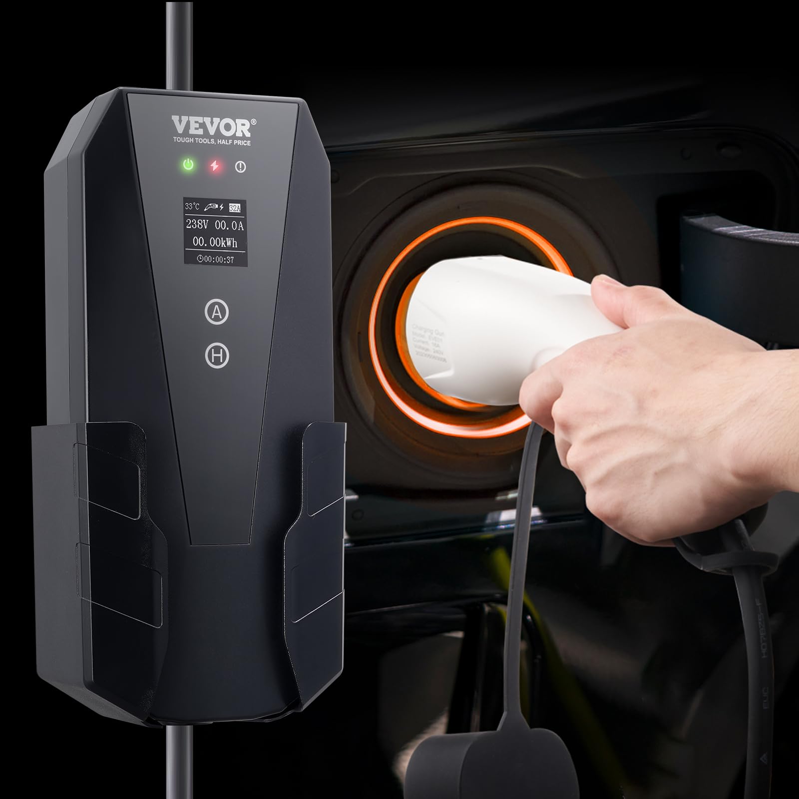VEVOR Tragbares EV-Ladegerät 16A 3,68kW mit LCD-Display Ladegerät für Elektrofahrzeuge EV-Ladekabel Typ 2(IEC62196) CEE 7/7 Stecker 16A 1-Phasig EV-Ladestation 8,6m Kabellänge IP66 Wasserdicht Wallbox