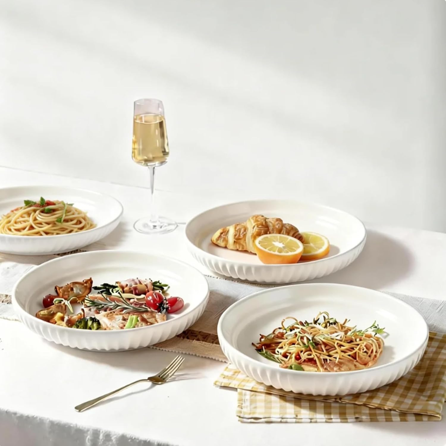 8 Inch Ceramic Pasta Bowls set of 4, 32 Oz White Serving Bowls - Microwave, Dishwasher & Oven Safe, Shallow Soup Bowls for Salad, Pasta, Cereal