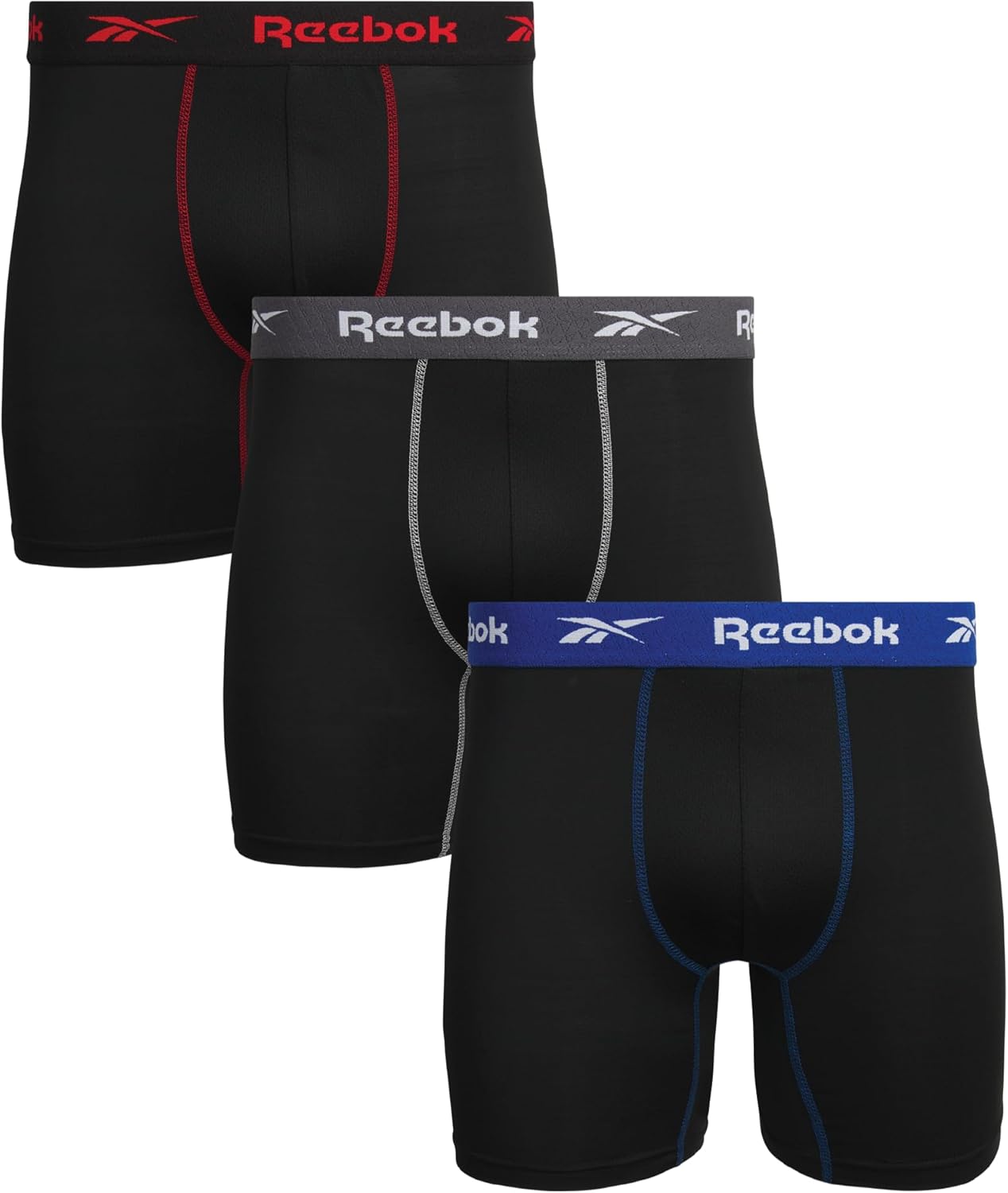 Reebok Mens Boxer Briefs - 3 Pack Athletic Stretch Moisture Wicking 6” Inseam Mens Underwear Boxer Briefs with Contour Pouch