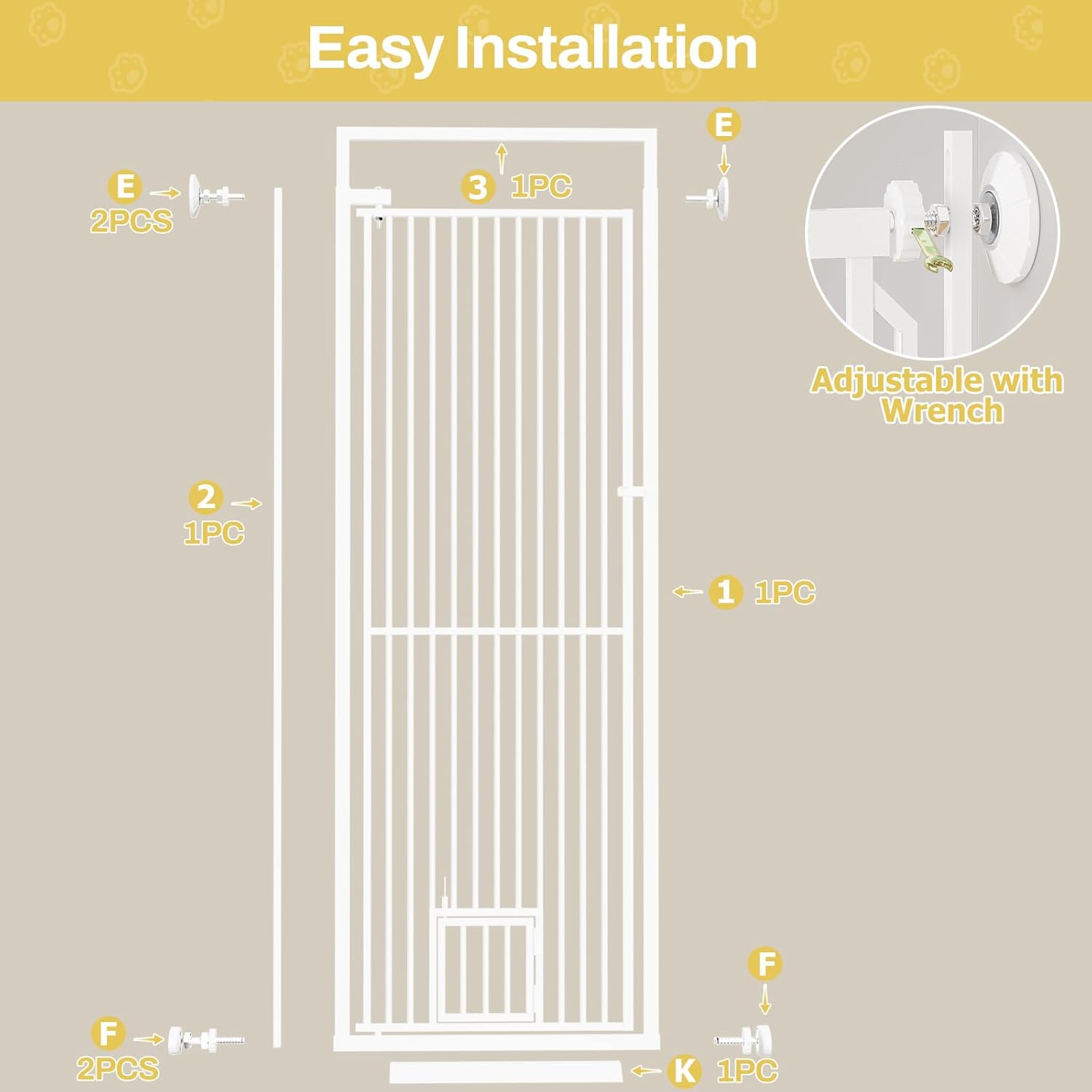 BEURUKU 78.3" Extra Tall Pet Gate for Cat Dog, 29.3" -32" Wide Baby Gate with Cat Door, NO Drilling Pressure Mounted for Doorways, Stairs, Hallways, White