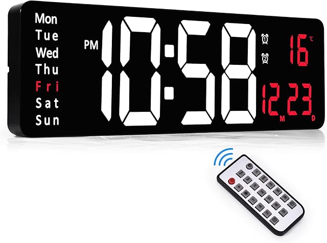 SZELAM Large Digital Wall Clock with Remote Control Adapter,16.2'' LED Display Wall Digital Clock Digital Alarm Clocks with Day Week Temperature,Automatic Brightness Wall Clocks for Living Room-Red