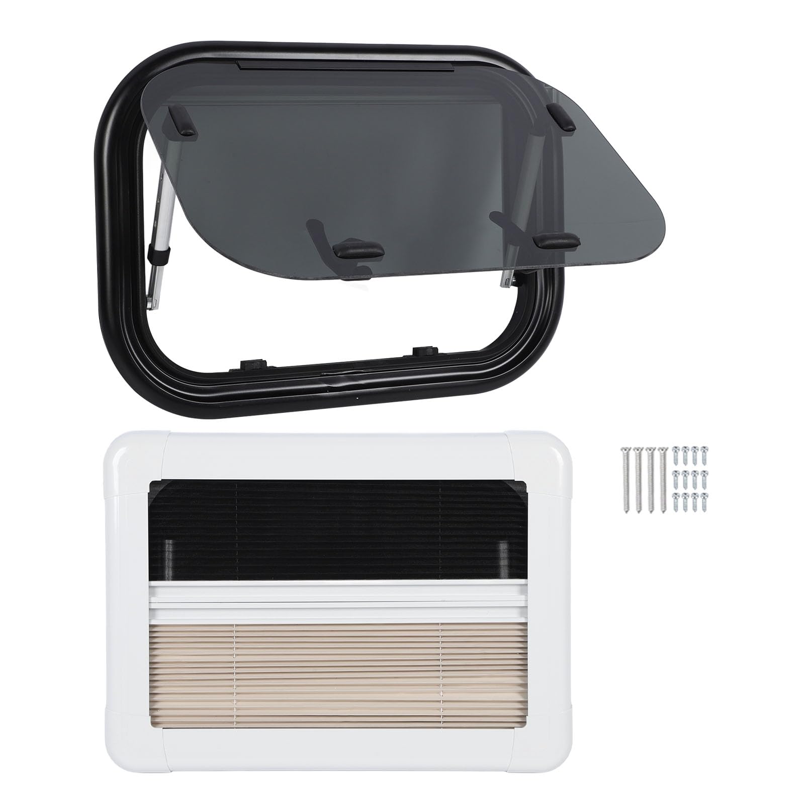 banapoy RV Push Out Window, 20 X 14 Tempered Glass RV Emergency Window, Teardrop Trailer RV Exit Window with Screen and Sunshade, RV Window Replacement for Caravan Camper RV Food Truck