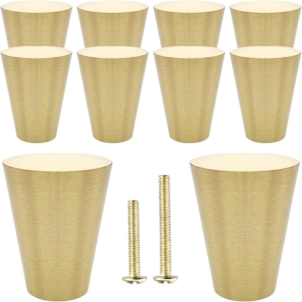 10Pcs Solid Brass Knobs Cone Brushed Gold Knob Pure Copper Pull Handles for Kitchen Cabinet Drawer Dresser, Mid Century Modern Decorative Knobs with Screws