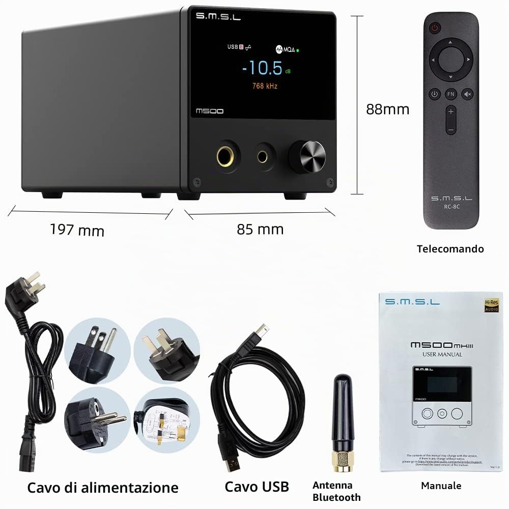 S.M.S.L M500 MKIII Bluetooth Audio DAC e amplificatore per cuffie, chip ESS9038PRO D/A, ingresso USB/ottico/coassiale/Bluetooth, Hi-Res MQA XMOS DSD512 PCM THD+N 0,00006%