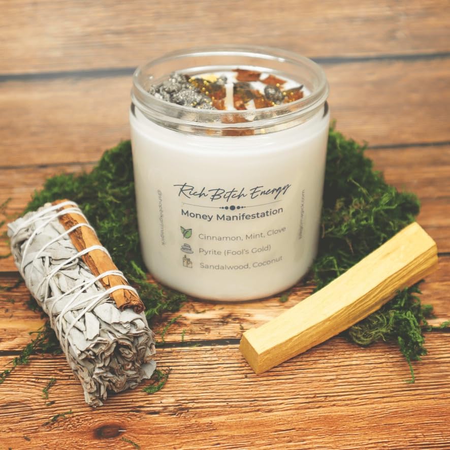 Miniatura 2 de Rich Bitch Energy Pyrite Crystal Candle for Money Manifestation, Creamy Coconut Sandalwood Scented, Mint, Cinnamon, and Clove for Prosperity