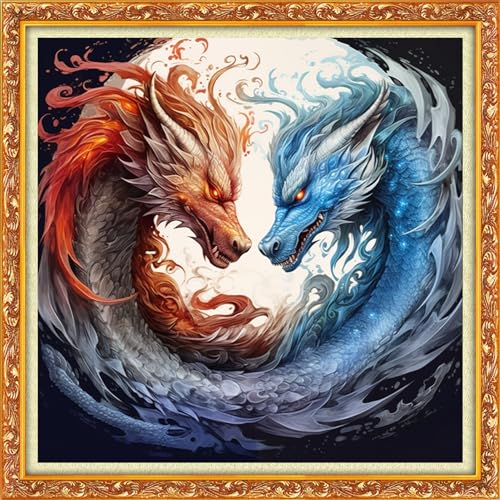Image of Funxvoot Stamped Cross Stitch Kits Beginners Full Range of Embroidery Kits for Adults 11CT Embroidery Patterns Needlepoint Kits Printed Cross Stitch Kits-Lucky Dragon 18x18 inch